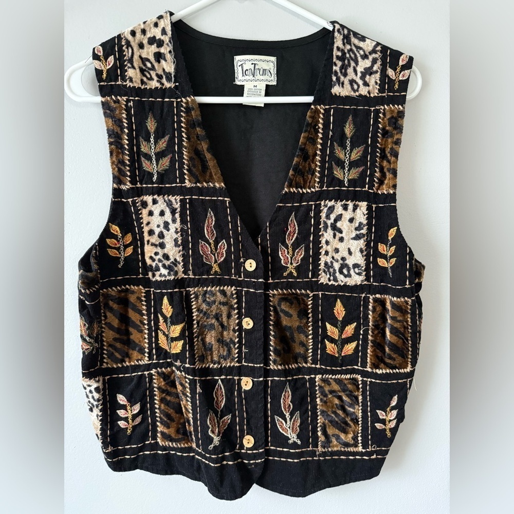 VTG Tantrum Funky Black Brown Patterned Vest Retro Cheetah Leopard Print S M - Picture 2 of 7